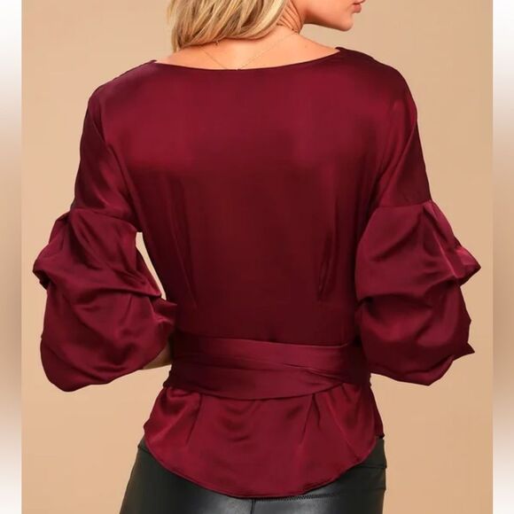 Burgundy Sheer Wrap Top Sz M Tiered Statements Sleeves elastic cuffs - Picture 2 of 11